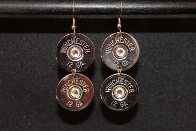 12 Gauge Double Dangle Silver Winchester With Clear Crystal Earrings