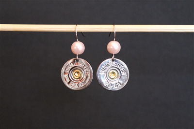 20 Gauge Single Dangle Silver Winchester With Pink Pearl Earring