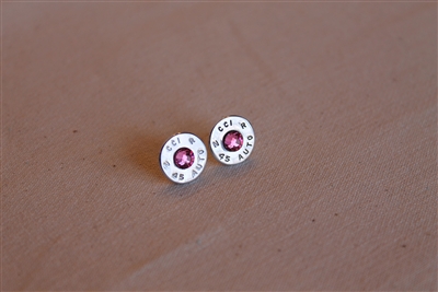 45 Caliber Silver Single Post With Pink Crystal Earrings